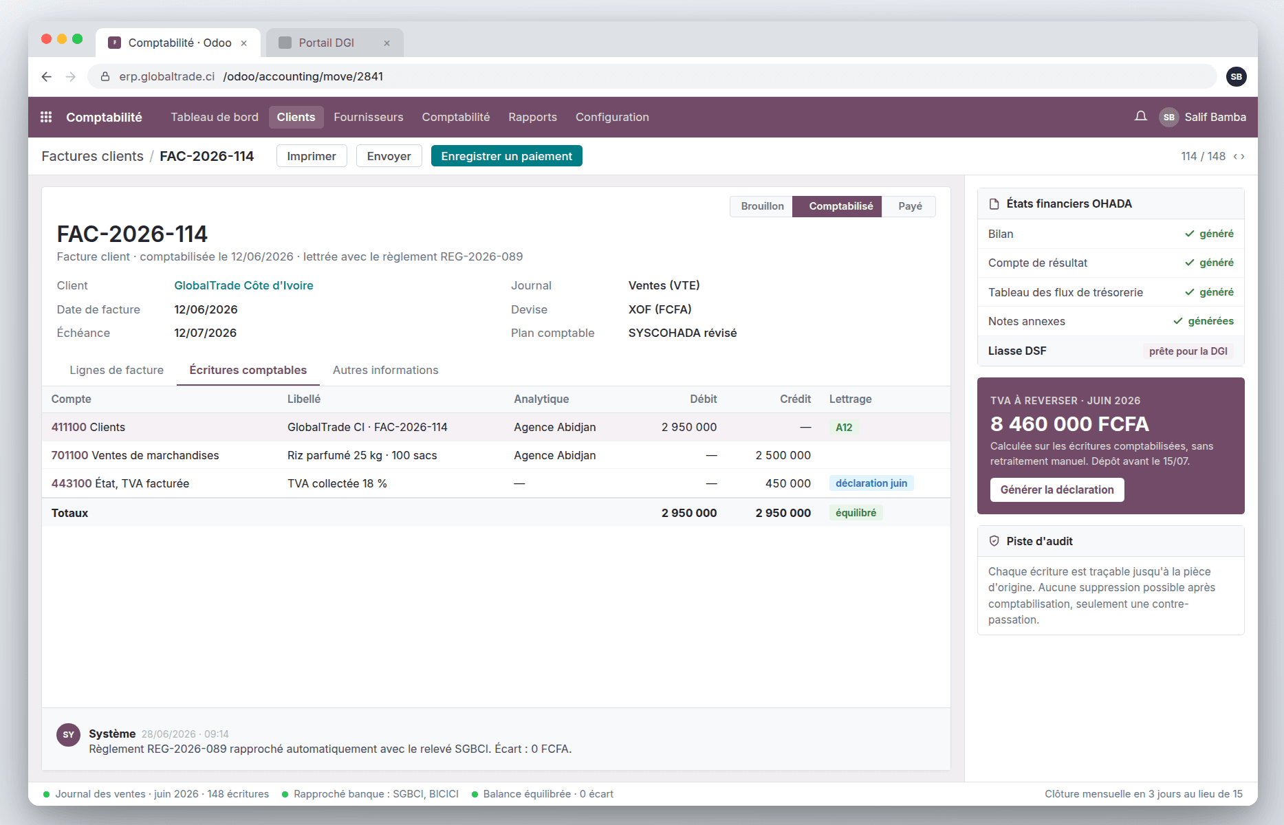 Facture client dans la comptabilité Odoo : écritures aux comptes SYSCOHADA 411, 701 et 4431 avec TVA à 18 %, balance équilibrée, lettrage du règlement rapproché du relevé bancaire, états financiers OHADA générés et liasse DSF prête pour la DGI