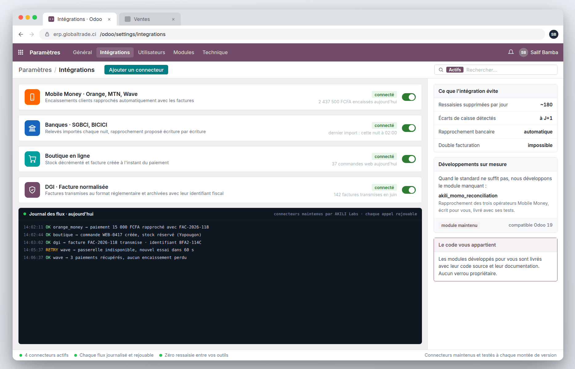 Écran des intégrations Odoo : connecteurs Mobile Money (Orange, MTN, Wave), banques SGBCI et BICICI, boutique en ligne et facture normalisée DGI, tous actifs, avec le journal des flux du jour montrant un paiement rapproché, une commande web et une reprise automatique après indisponibilité d’une passerelle